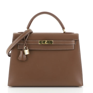 Hermes Kelly Handbag Brown Evergrain with Gold Hardware 32