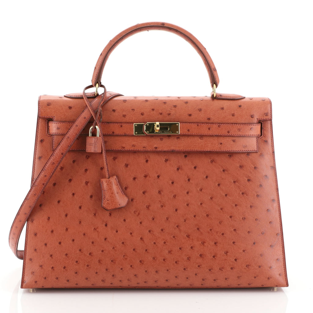 Hermes Kelly Bag Ostrich Leather Gold Hardware In Orange