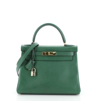 Hermes Kelly Handbag Green Courchevel with Gold Hardware 28