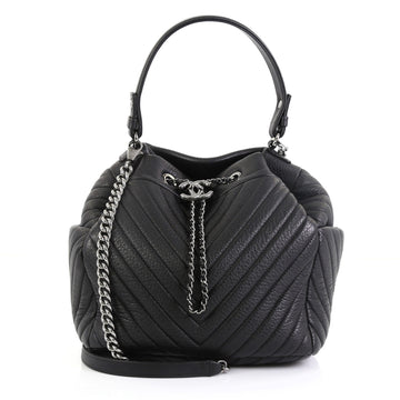 Chanel CC Chain Drawstring Bucket Bag Chevron Sheepskin Small