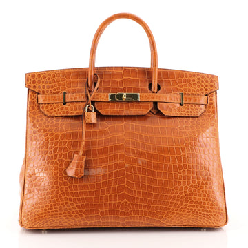 Hermes Birkin Handbag Orange Shiny Porosus Crocodile with Palladium Hardware 40