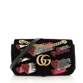 Gucci GG Marmont Flap Bag Embroidered Matelasse Velvet Small