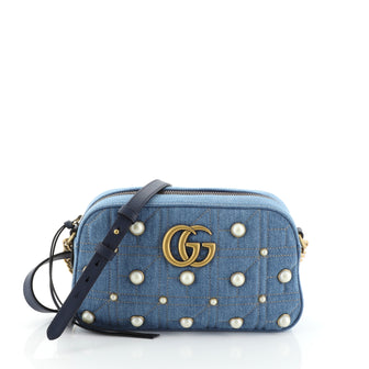Gucci Pearly GG Marmont Shoulder Bag Embellished Matelasse Denim Small