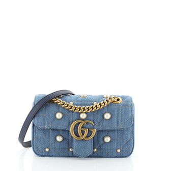 Gucci Pearly GG Marmont Flap Bag Embellished Matelasse Denim Mini
