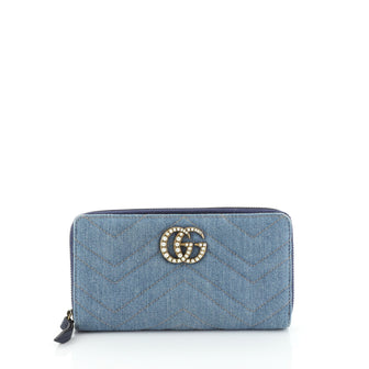 Gucci Pearly GG Marmont Zip Around Wallet Matelasse Denim 