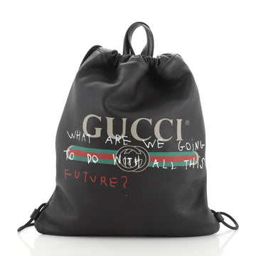 Gucci Logo Drawstring Backpack Printed Leather Medium
