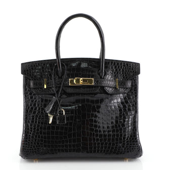 Hermes Birkin Handbag Black Shiny Porosus Crocodile with Gold Hardware 30