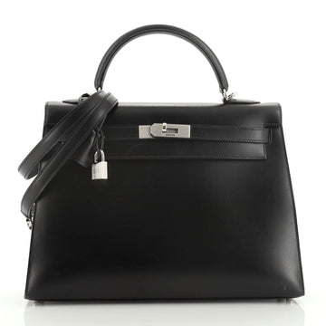 Kelly Handbag Noir Box Calf with Guilloche Palladium Hardware 32
