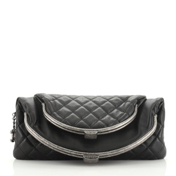 Chanel Double Kisslock Fold Over Clutch Quilted Leather Medium