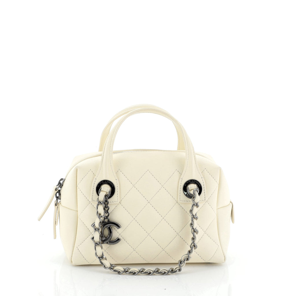 CHANEL, Bags, Chanel White Quilted Calfskin Leather Mini Featherweight Bowling  Bag Authentic