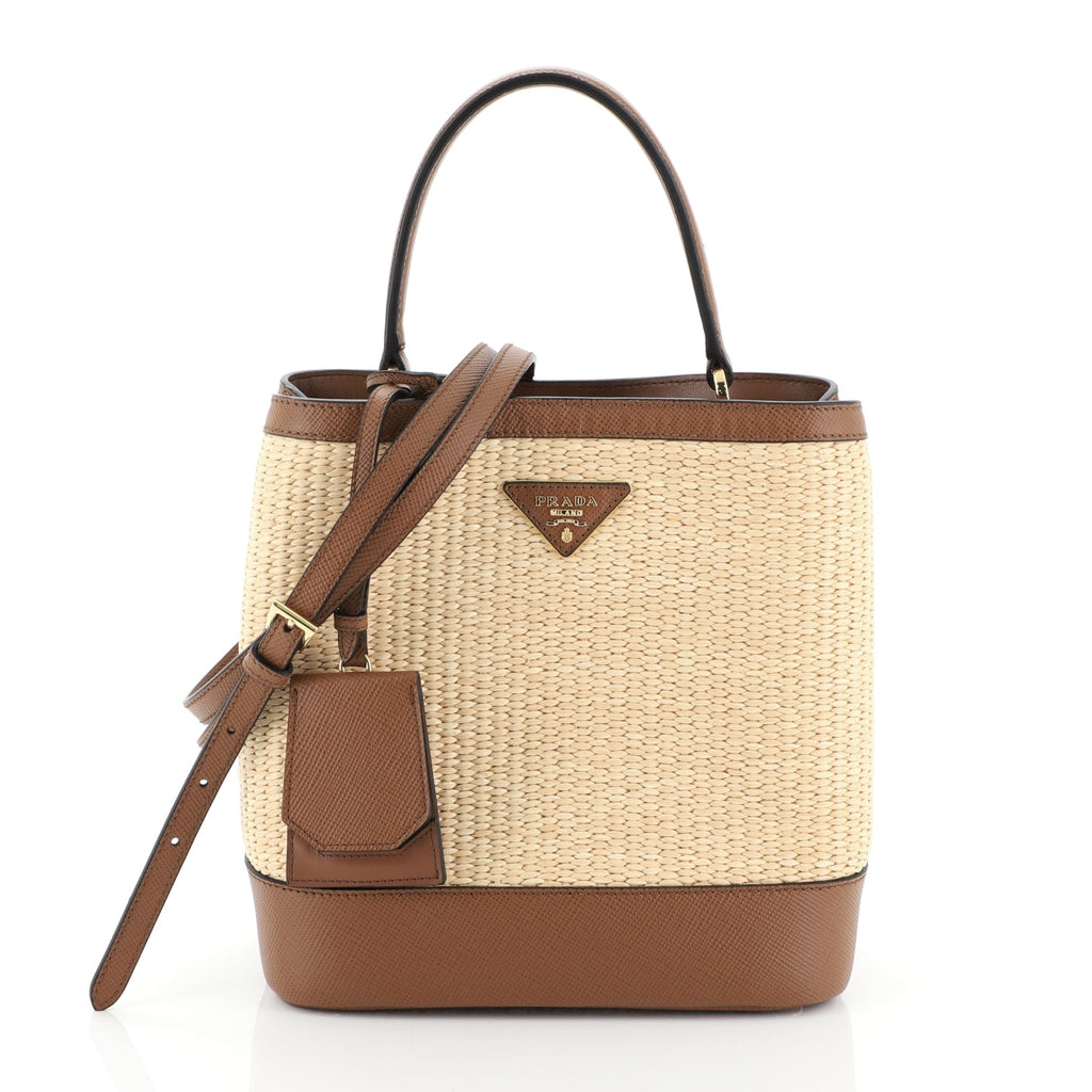 Prada Brown/Beige Raffia and Leather Medium Panier Top Handle Bag Prada