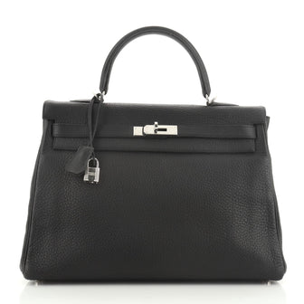Hermes Kelly Handbag Black Clemence with Palladium Hardware 35