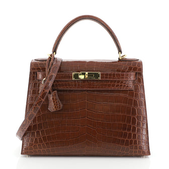Hermes Kelly Handbag Brown Shiny Niloticus Crocodile with Gold Hardware 28