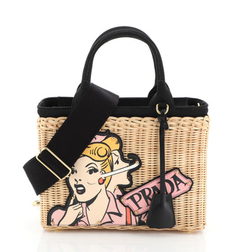 Prada Comic Basket Bag Wicker with Canapa and Applique Small