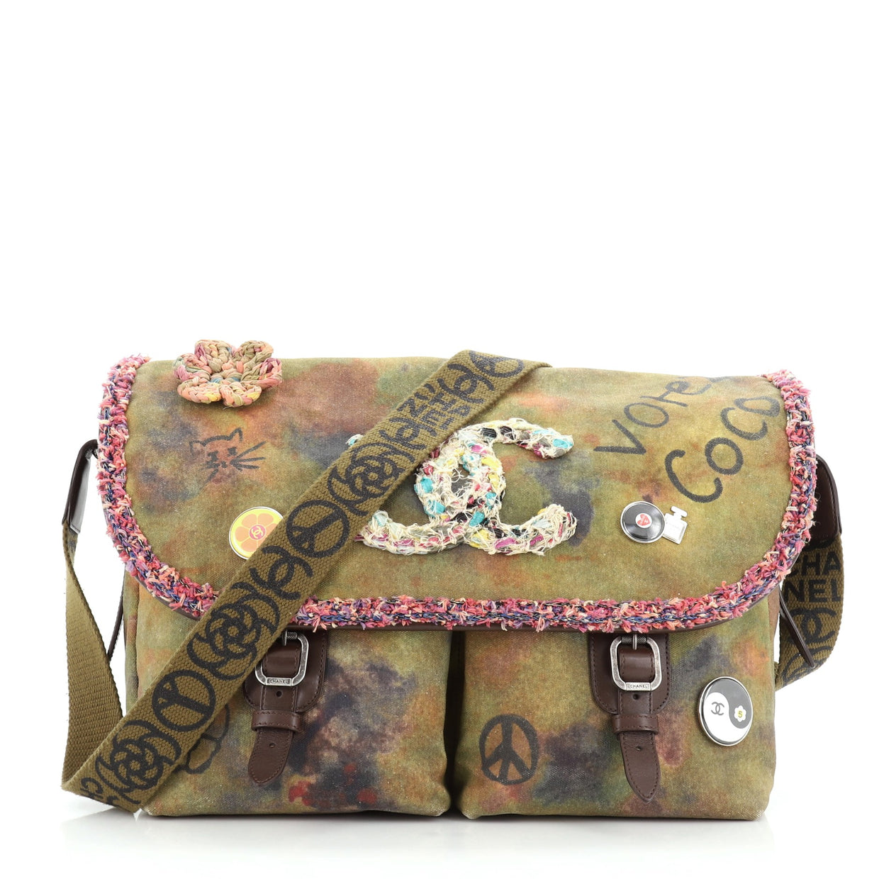 Chanel On The Pavements Graffiti Messenger Bag Canvas Large Green 471171