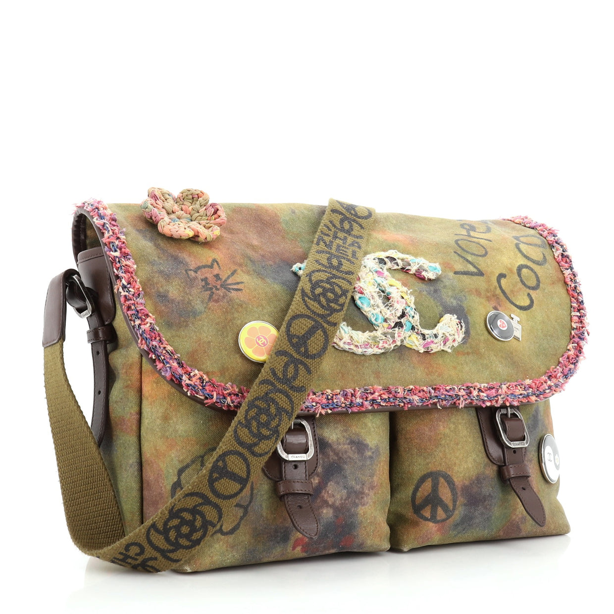 Chanel On The Pavements Graffiti Messenger Bag Canvas Large Green 471171