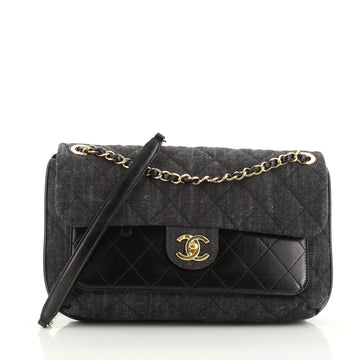 Chanel Front Pocket Flap Bag Quilted Denim with Calfskin Medium