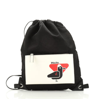 Prada Logo Drawstring Backpack Tessuto with Printed Saffiano Medium