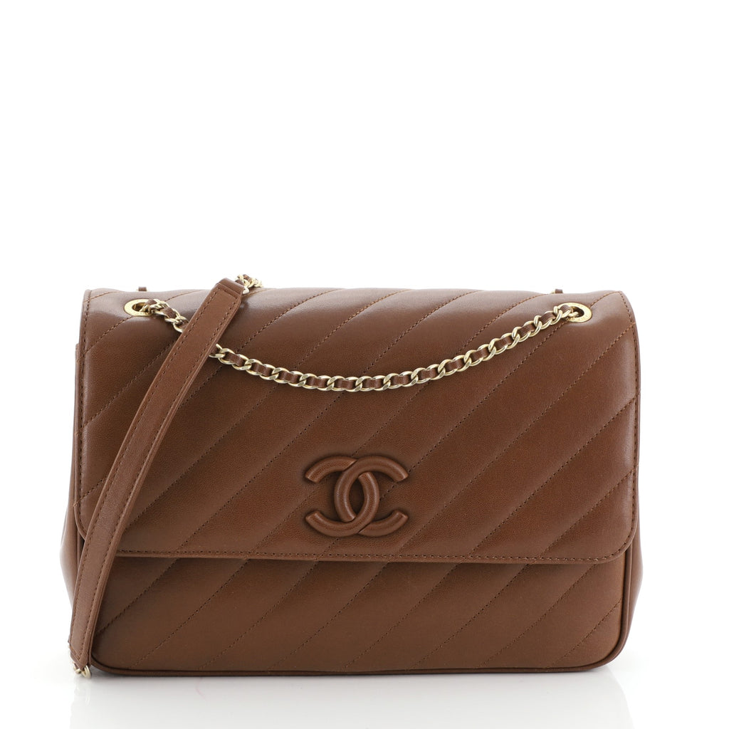 Chanel CC Signature Flap Bag Diagonal Quilted Leather Medium Brown 474952