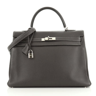 Hermes Kelly Handbag Grey Clemence with Palladium Hardware 35