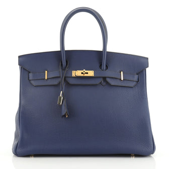 Hermes Birkin Handbag Blue Clemence with Gold Hardware 35