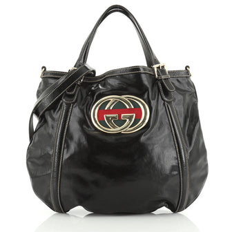 Gucci Britt Web Convertible Satchel Dialux Coated Canvas Large