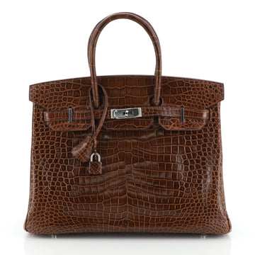Hermes Birkin Handbag Brown Shiny Porosus Crocodile with Palladium Hardware 35