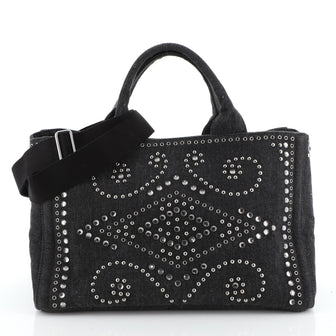 Prada Canapa Convertible Tote Rhinestone Embellished Denim Large