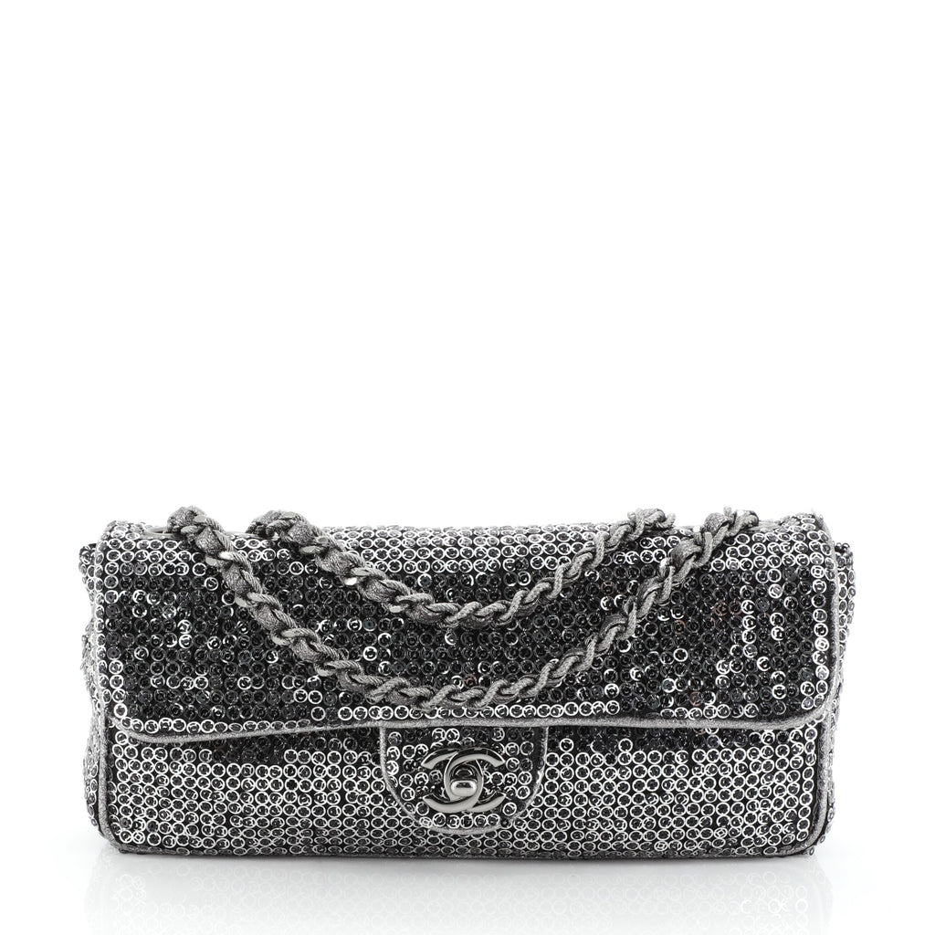 Chanel White & Silver Sequin East-West Flap Bag with Silver, Lot #58218