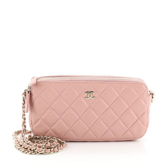 Double Zip Clutch with Chain Quilted Caviar