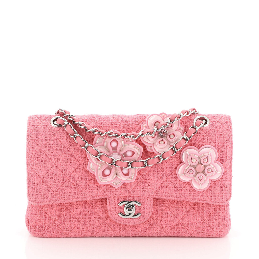 Chanel Flower Applique Classic Double Flap Bag Quilted Tweed