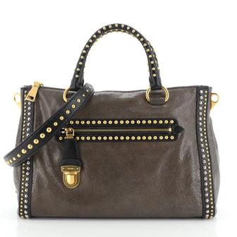Prada Front Press Lock Pocket Satchel Studded Leather Large