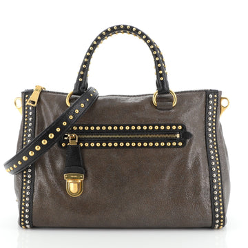 Prada Front Press Lock Pocket Satchel Studded Leather Large