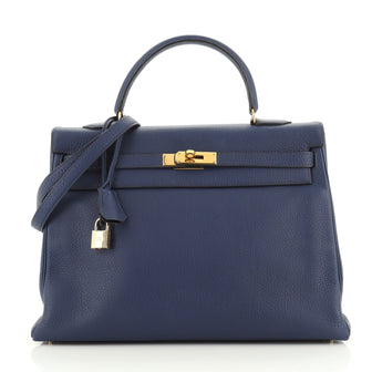 Hermes Kelly Handbag Blue Togo with Gold Hardware 35
