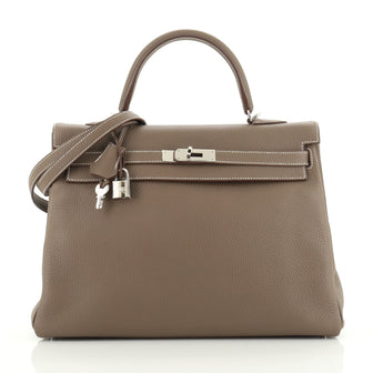 Hermes Kelly Handbag Grey Clemence with Palladium Hardware 35