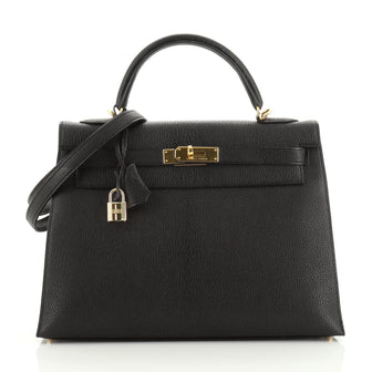 Hermes Kelly Handbag Black Chevre de Coromandel with Gold Hardware 32