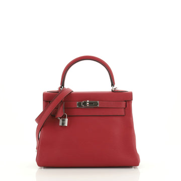 Hermes Kelly Handbag Red Clemence with Palladium Hardware 28