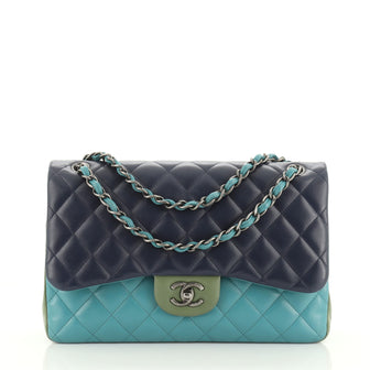 Chanel Tricolor Classic Double Flap Bag Quilted Lambskin Jumbo