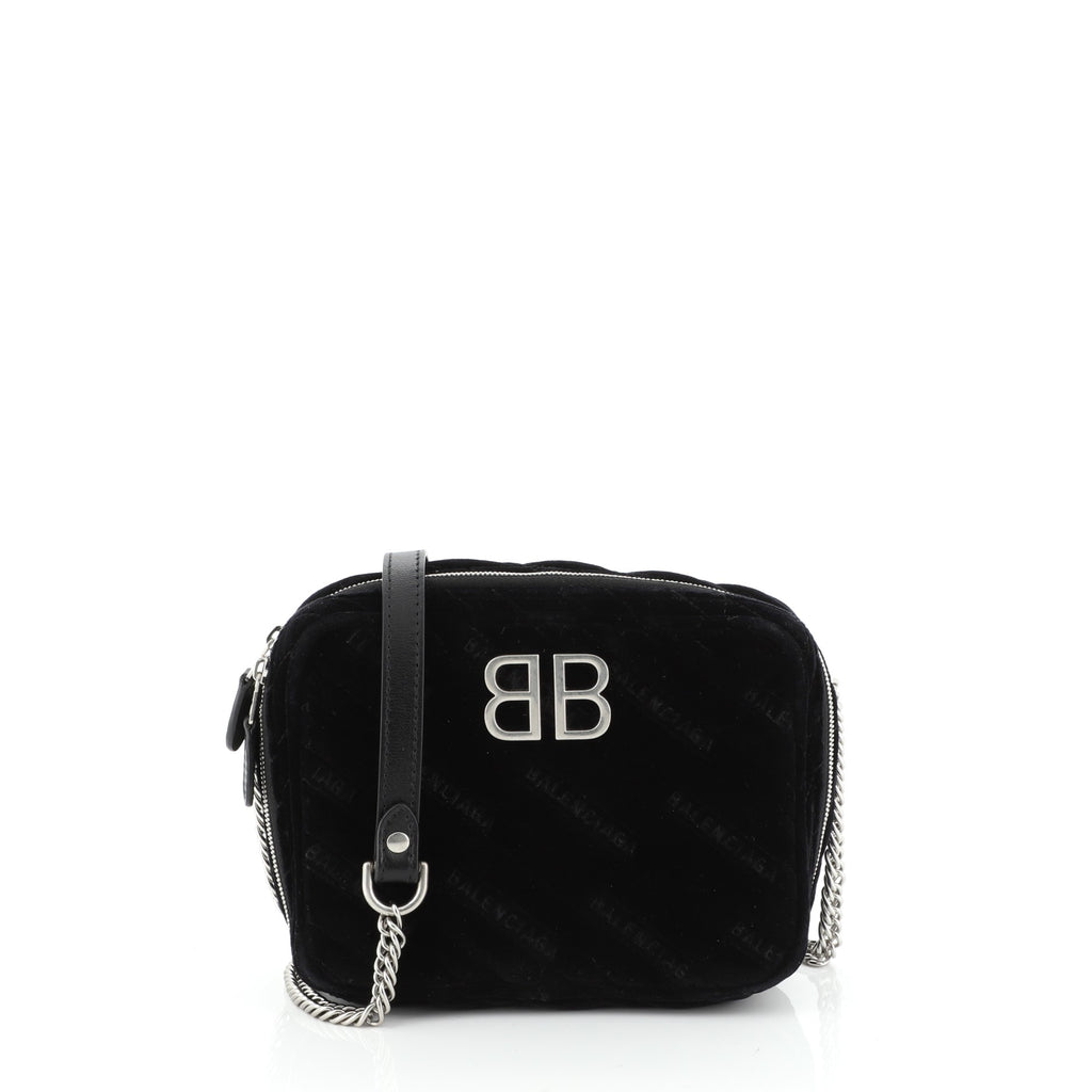 Balenciaga BB Reporter Shoulder Bag Quilted Embroidered Velvet XS Black  485142