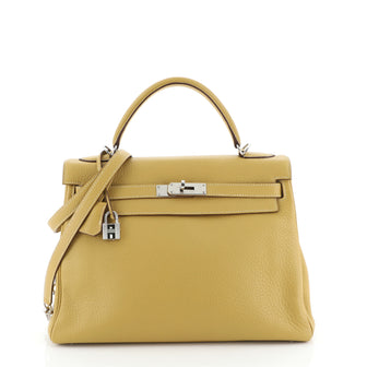 Hermes Kelly Handbag Yellow Clemence with Palladium Hardware 32