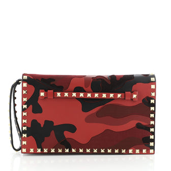 Valentino Rockstud Flap Clutch Camo Leather and Canvas 
