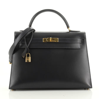 Hermes Kelly Handbag Blue Box Calf with Gold Hardware 32