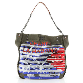 Chanel Cuba La Habana Chain Hobo Sequin Embellished Canvas Large