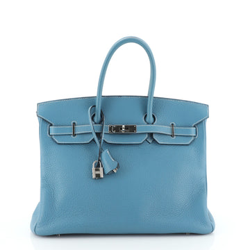 Birkin Handbag Bleu Jean Clemence with Palladium Hardware 35