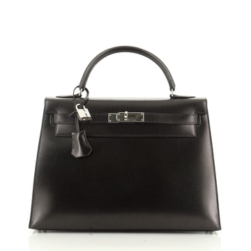 Kelly Handbag Noir Box Calf with Palladium Hardware 32