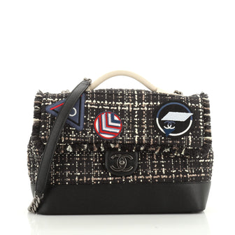 Chanel Crest Trip Top Handle Flap Bag Patch Embellished Tweed and Caviar Large