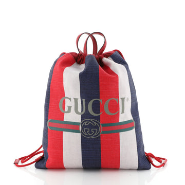 Gucci Logo Drawstring Backpack Striped Raffia Large