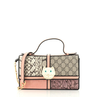 Gucci Feline Face Top Handle Bag GG Coated Canvas and Python Small