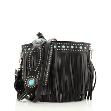 Prada Folk Bucket Bag Embellished City Calfskin with Fringe Medium