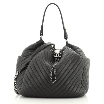 Chanel CC Chain Drawstring Bucket Bag Chevron Sheepskin Medium
